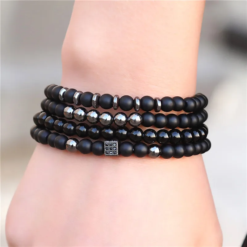 Black Onyx Stone Beaded Men Bracelet Set with Hematite and Zirconia