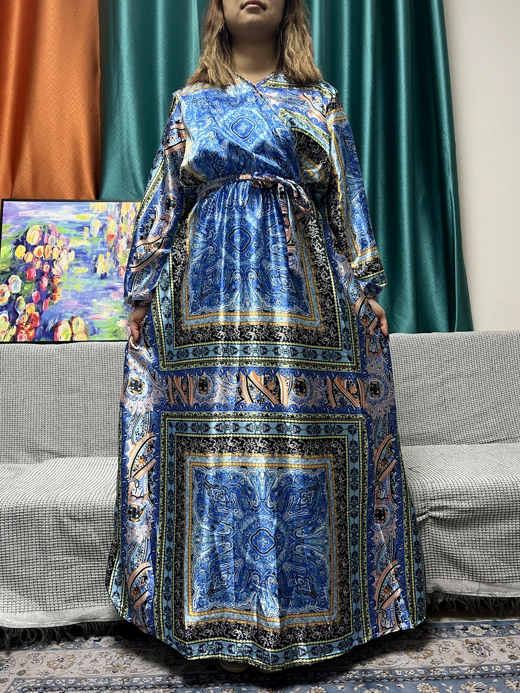 Muslim Fashion Abayas For Women Floral Silk V-neck Long Sleeves Party Evening Loose Fit Robe African Tyrkey Dresses With Belt