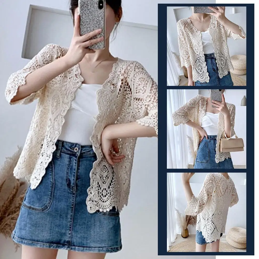 

Women Knitted Lace Shrug Boho Hollow Crochet Floral 3/4 Sleeves Open Front Cropped Cardigan Elegant Mesh Sweater Coveup