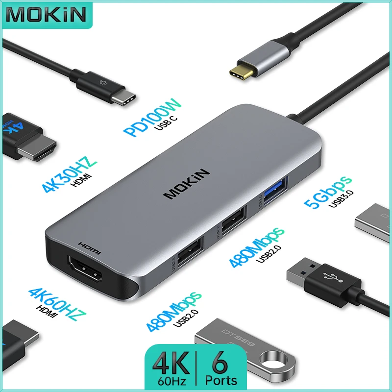 

Док-станция MOKiN 6 в 1 для MacBook Air/Pro, iPad, ноутбука Thunderbolt — USB2.0, USB3.0, HDMI 4K30 Гц, HDMI 4K60 Гц, PD 100 Вт