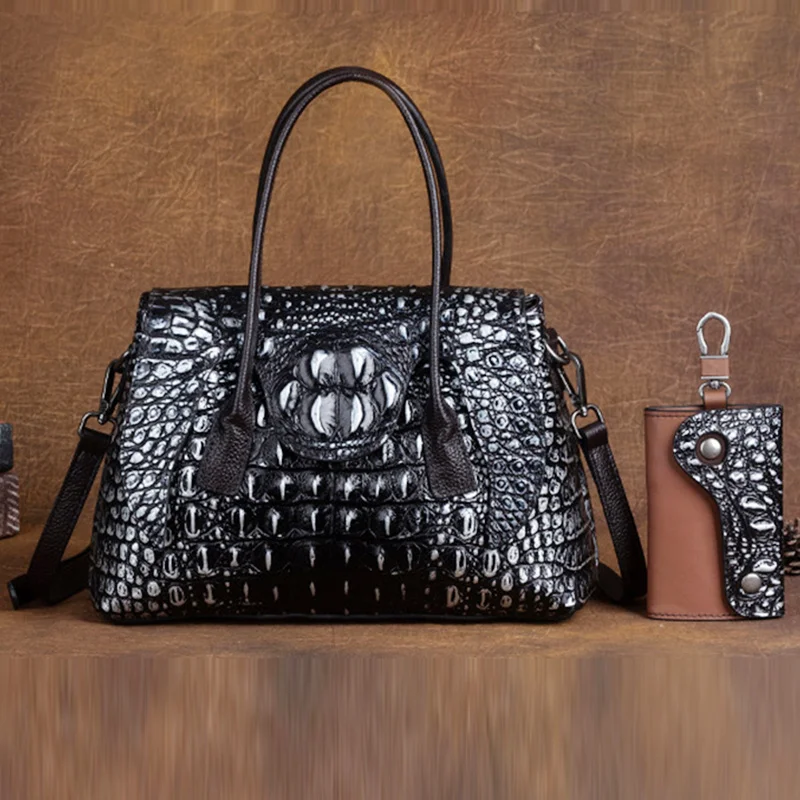 

Genuine Leather Women Tote Messenger Top Handle Bags + Key Case Crocodile Pattern Female Purse Handbag Shoulder Cross Body Bag