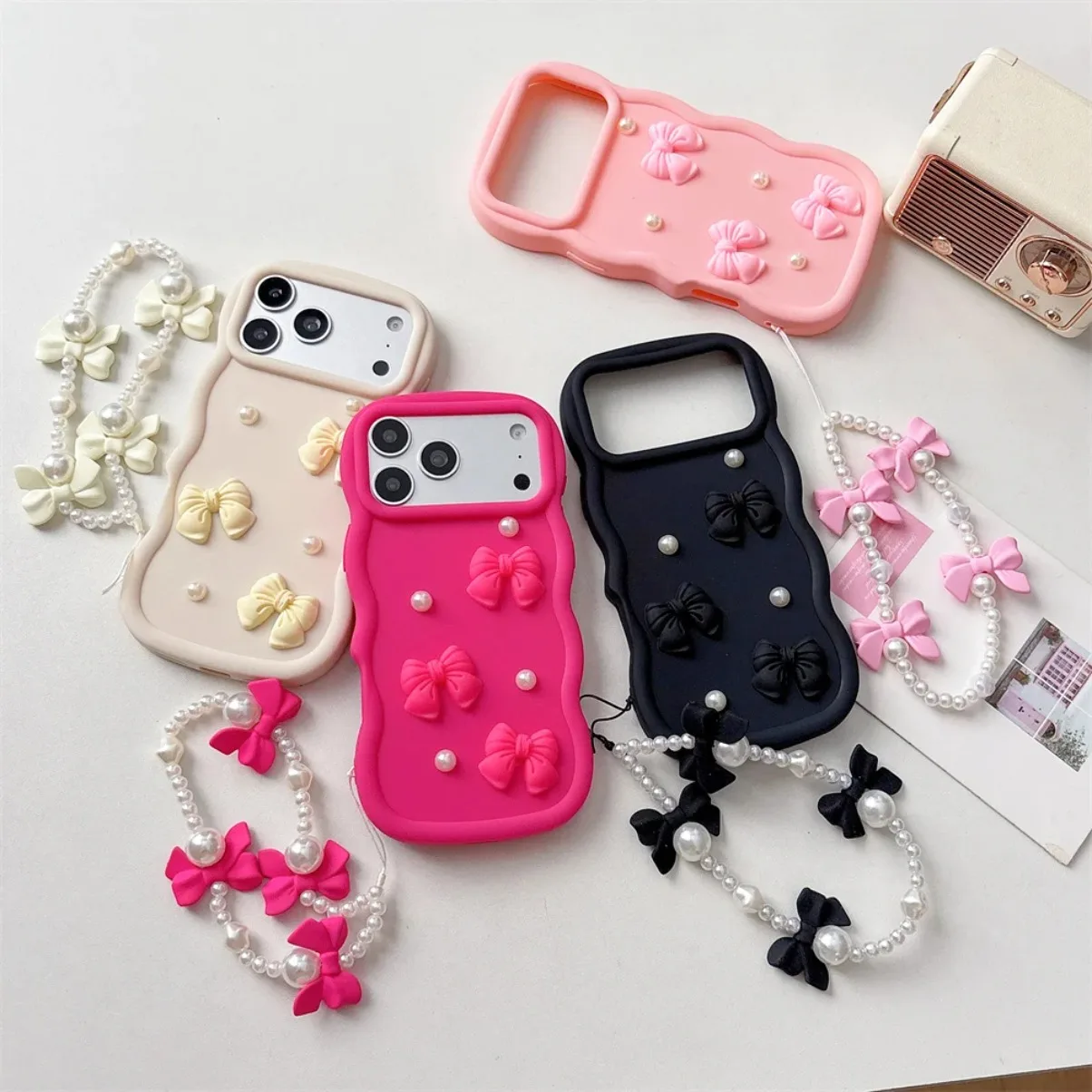 3D Cute Kawaii Bowknot Wavy Edge Phone Case with Pearl Chain Wrist Strap