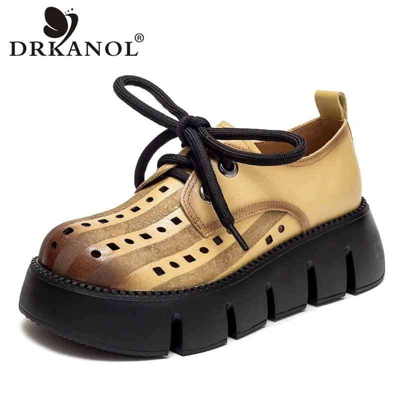 

DRKANOL Women Genuine Leather Platform Shoes Summer Hollow Breathable Lace-Up Wedges Heel Casual Shoes Handmade Retro Style