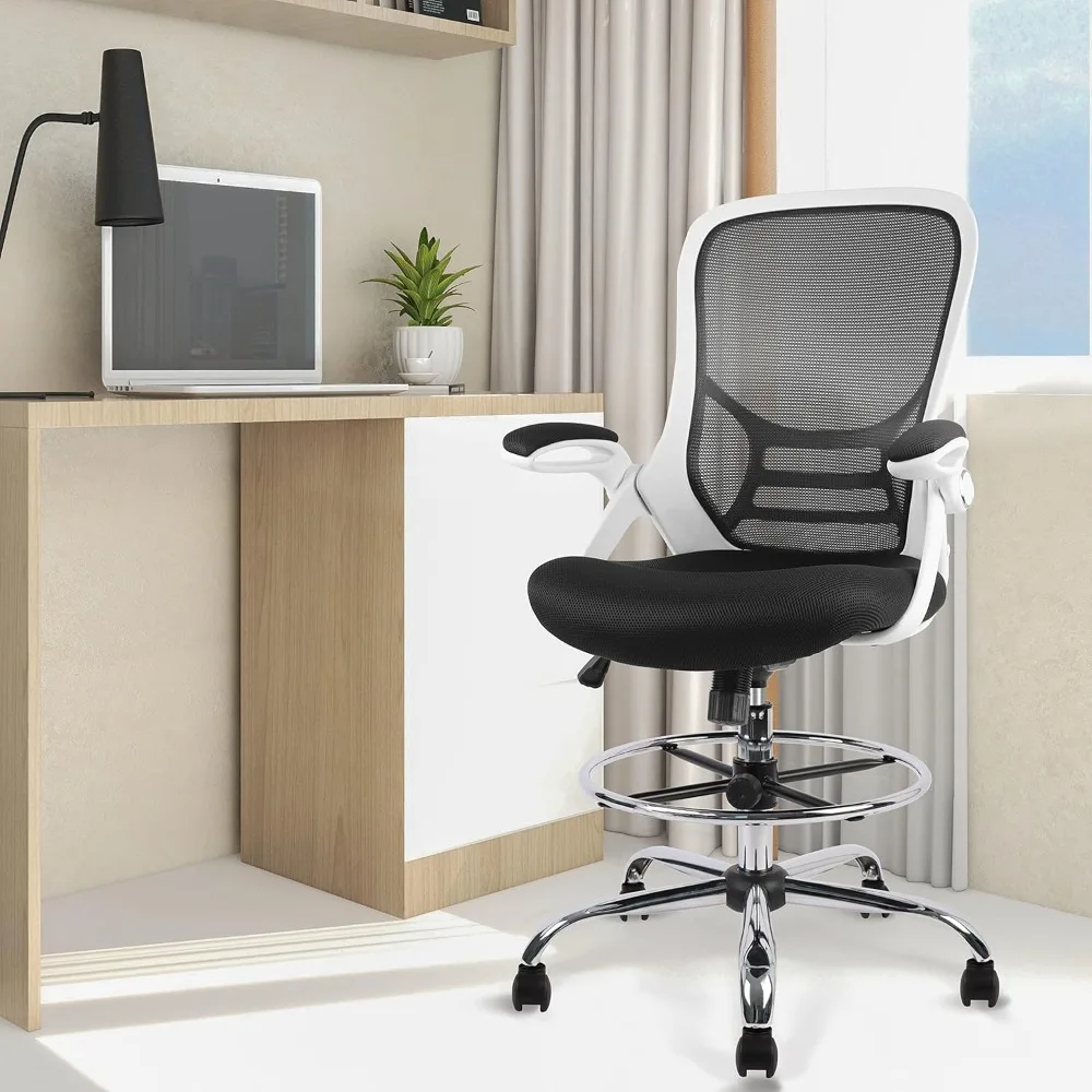 "ergonomic mesh swivel stool with adjustable footrest, flip-up armrests, white and black for standing desks"