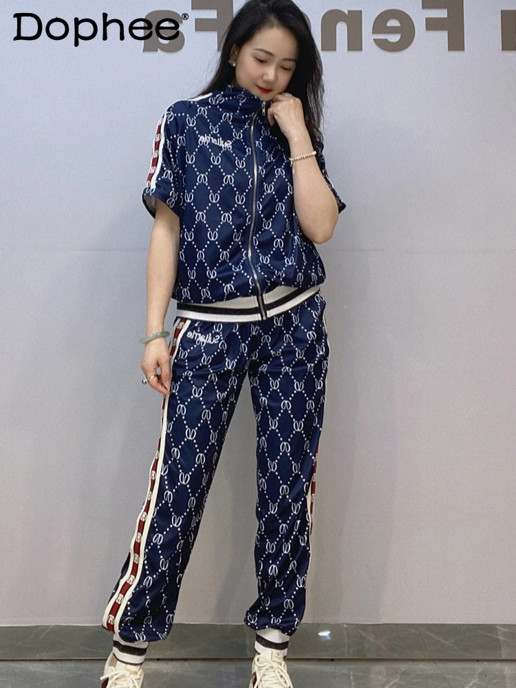 

Casual Sports Suit 2024 Spring Summer New Zipper Short Sleeve Stand Collar Cardigan and Trousers Two Piece Sets Womens Outifits