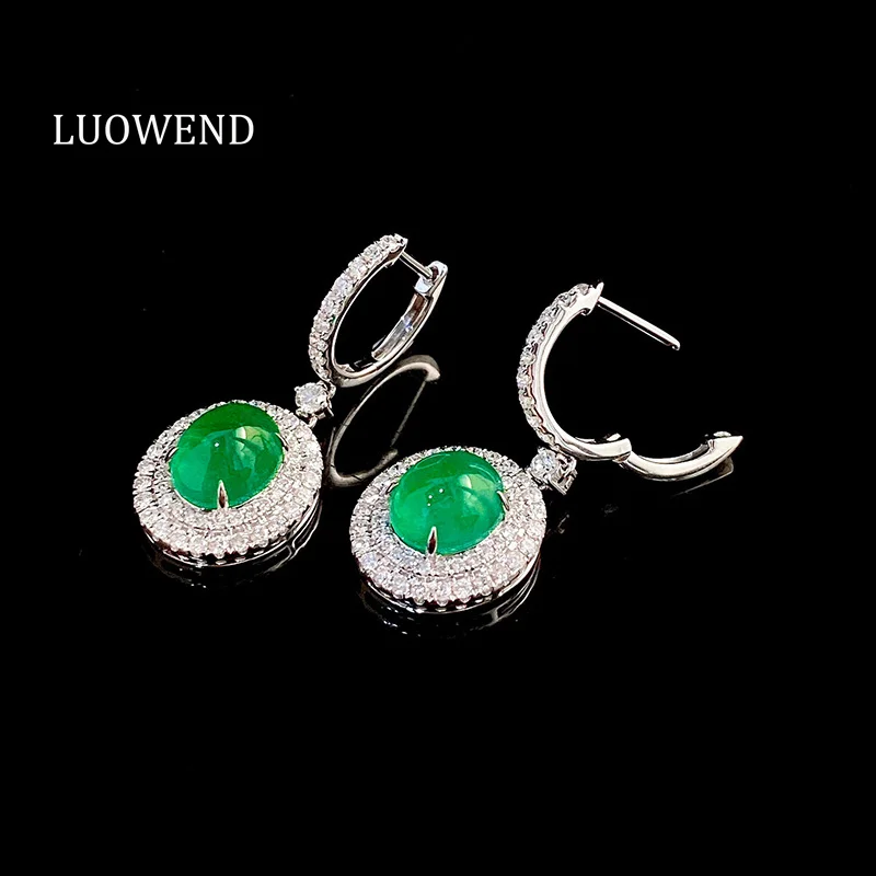 

LUOWEND 18K White Gold Earrings Luxury Elegant Style Real Natural Emerald Shiny Diamond Gemstone Earrings High Women's Jewelry