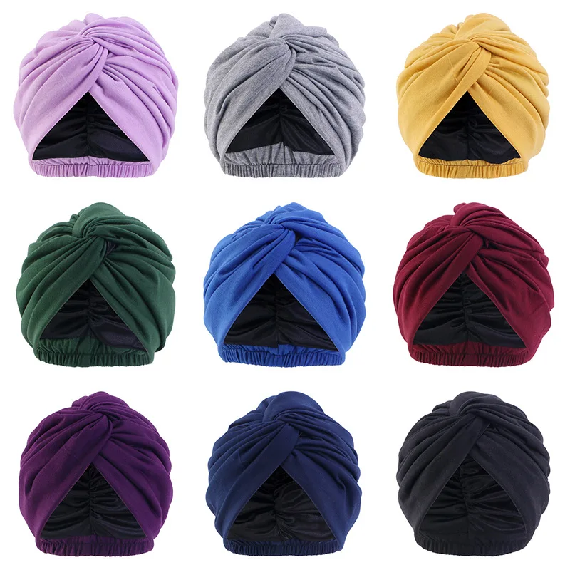 Women Double Layer Satin Linning Stretch Turban Hat Cross Ruffle Chemo Sleep Cap Twist Bandanas Muslim Hijab Headscarf India Hat