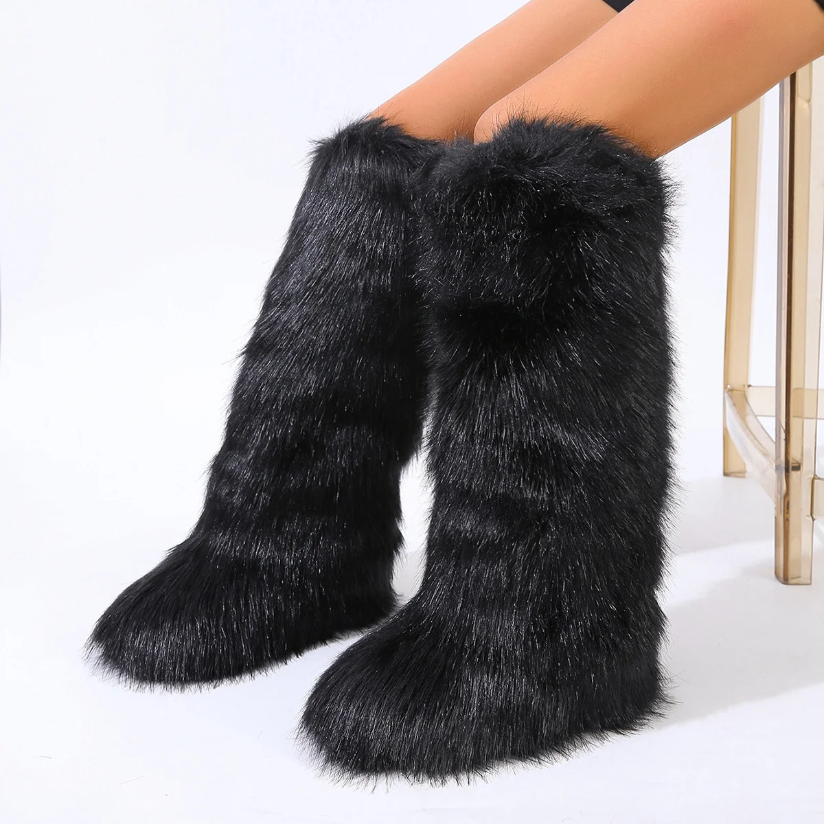2023 Winter Over The Knee Fur Boots Women Luxury Fluffy Furry Fur Long Snow Boots Female Sexy Warm Plush Cotton Boots