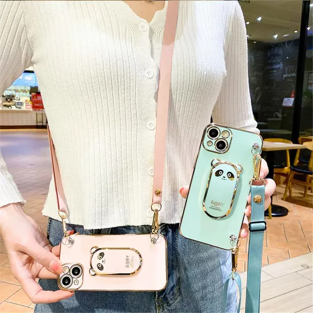 Funda con soporte de Panda con cordón para Xiaomi Redmi Note 11, 11S, 10, 9 Pro, 10S, 9S, 10, 9T, 9A, 9C, Mi POCO X3, F3, M3, 11T, cubierta suave con soporte chapado - Image 2