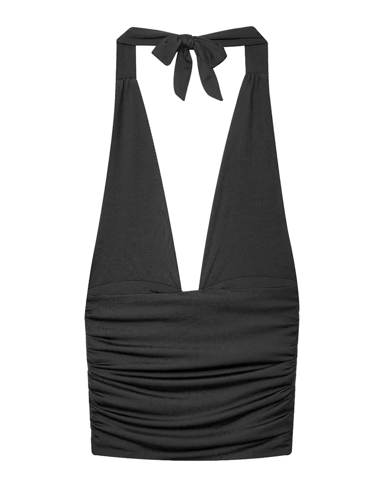 New Halter Tops Fashion Metal Decoration Backless Top Woman 2025 Sleeveless Hanging Collar Short Tops For Women Sexy Party Top