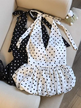 Backless Sexy Halter Beach Babydoll Crop Tops Women Polka Dots V neck Sleeveless T shirt Ruffles Basic Basic Tees Casual New 1