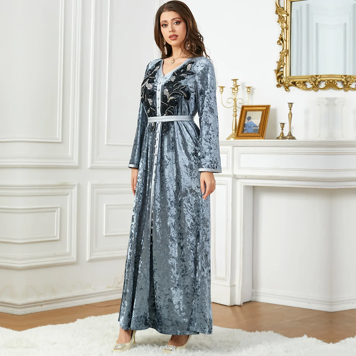 Abaya For Women Arab Apparel Autumn/Winter Velvet Dress Dubai Fashion Lace Women's Solid Color Robe Gray With Belt Women