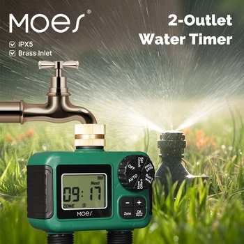 MOES Brass Water Timer 2-Outlet IPX5 Waterproof LCD Display Smart Irrigation Control Rain Delay Child Lock Outdoor Use 1