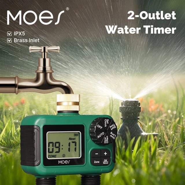 MOES Brass Water Timer 2-Outlet IPX5 Waterproof LCD Display Smart Irrigation Control Rain Delay Child Lock Outdoor Use 1