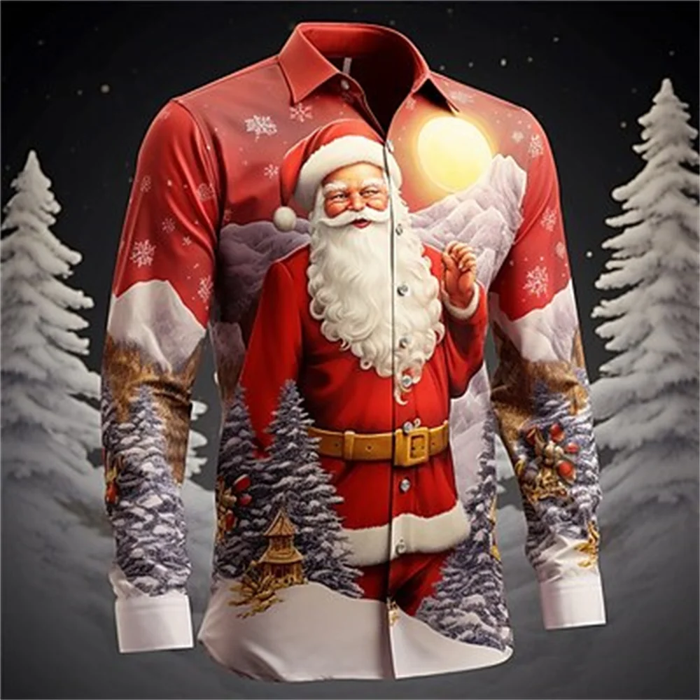 New Santa Claus casual men's printed shirt Outdoor Christmas street long -sleeved lapel button white pink men's top