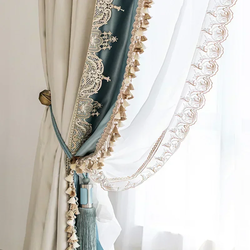 French Luxury Imitation Luster American Luxury Stitching Lace Curtains Blackout Curtains for Living Room Bedroom