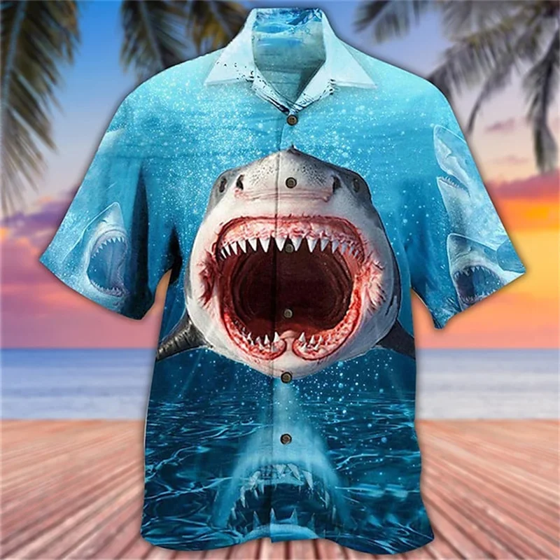 

Summer casual beach lapel shirt Hawaiian fashion vacation shirts Men's shark print shirts Breathable personalized button shirts