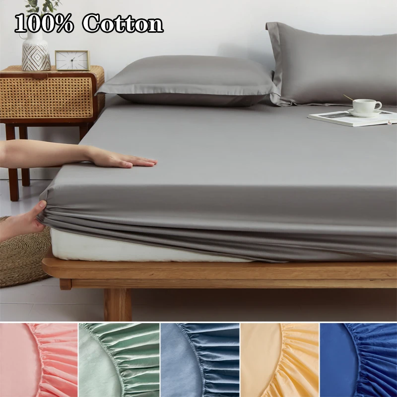 

100% Cotton Fitted Sheet with Elastic Bands Adjustable Bed Sheet Soft Mattress Covers for Beds Single Queen King Size Bed Linens