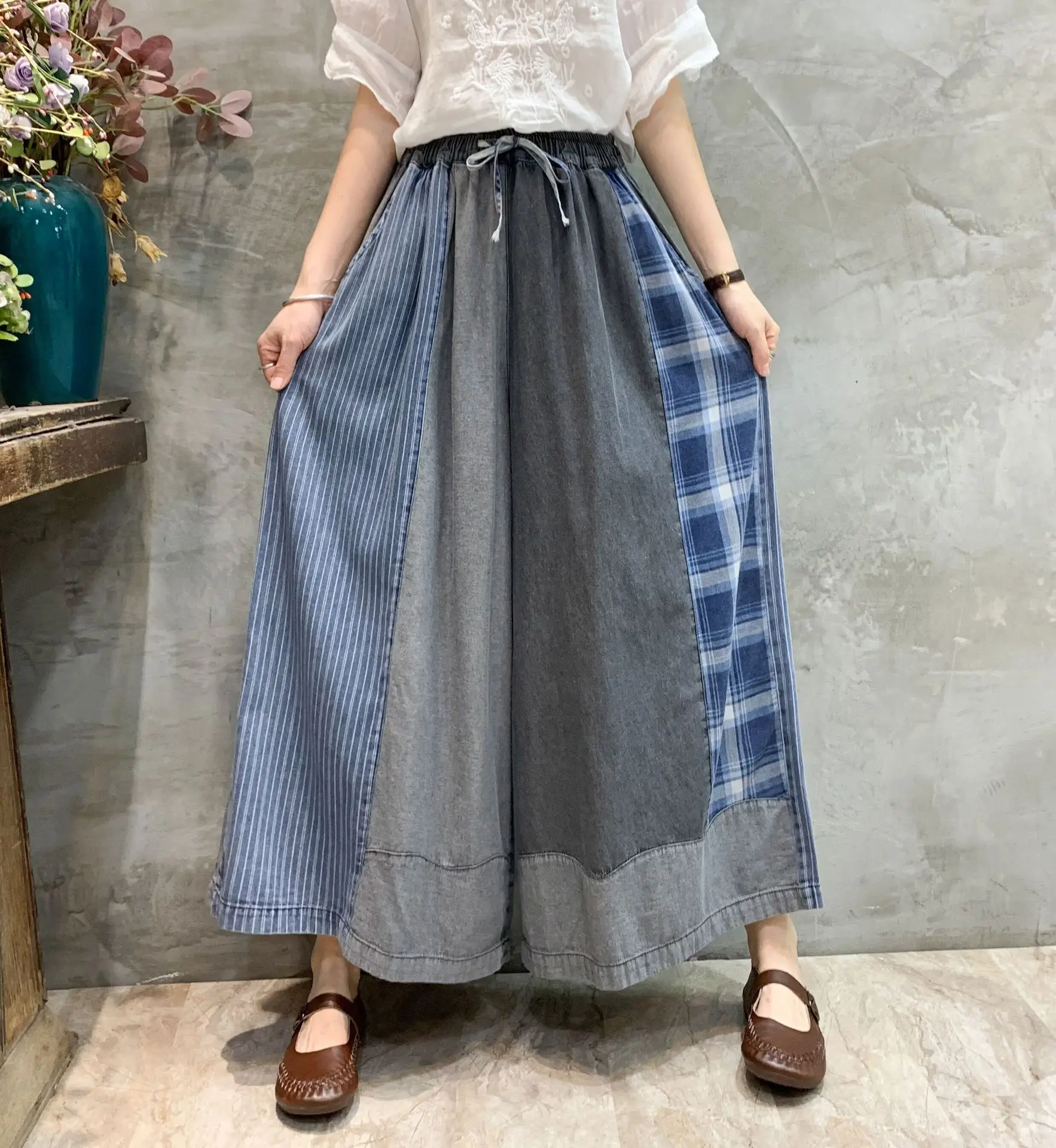 [EWQ] Patchwork Drawstring Jeans Pants For Women Streetwear High Waist Contrast Wide Leg Trousers Spring 2024 Autumn New Y6664