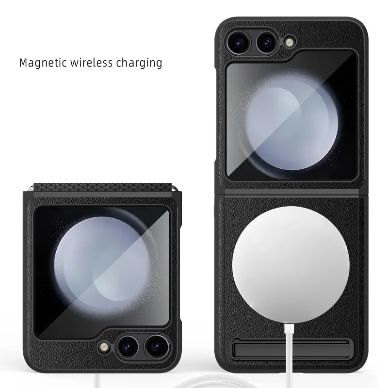 Magnetic Kickstand Leather Phone Case with Hinge Protection and Glass Film