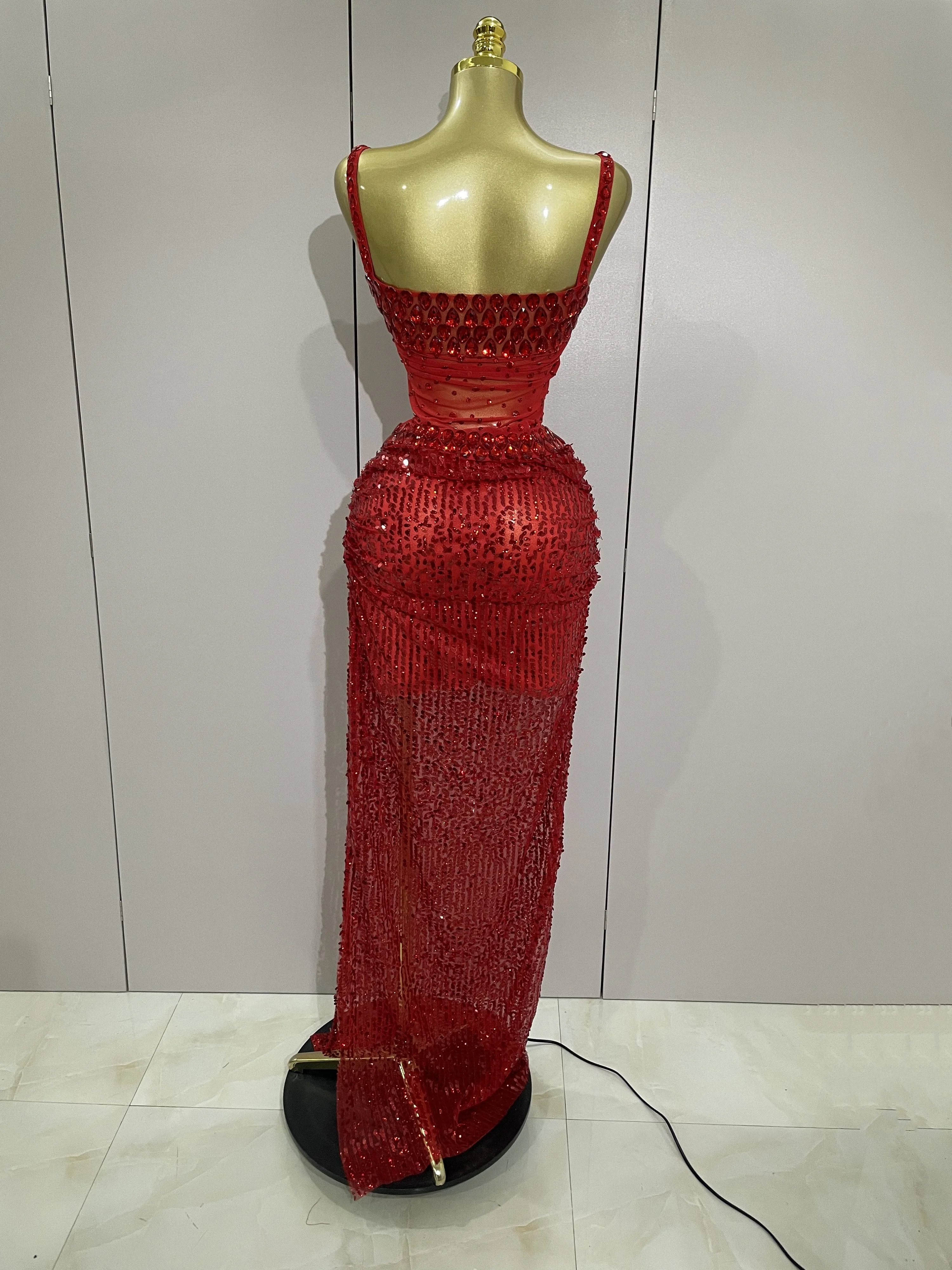 Sparkly Red Rhinestones Sequins Sexy See Through 2PCS Long Dress 2025Women  Celebrate Evening Birthday Party Dress Stage Costumes - AliExpress 200000345