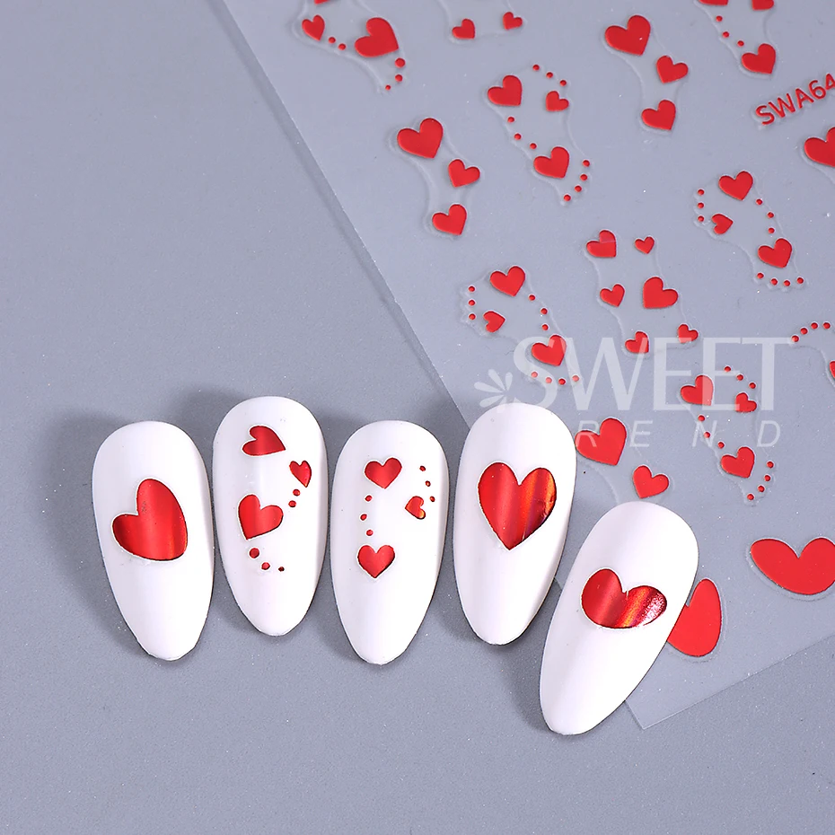 4pcs Love Heart 3D Nail Art Stickers Valentine Design Red Black Geometry Lines Stripe Stars Nail Slider DIY Manicure Decoration