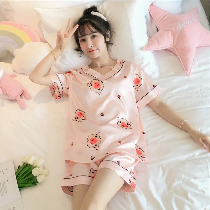 Women's Pajamas Sets Satin Silk Pyjama Heart Print Summer Pijama Mujer Pjs Sleepwear Short Sleeve Shorts 2 Piece Casual Homewear