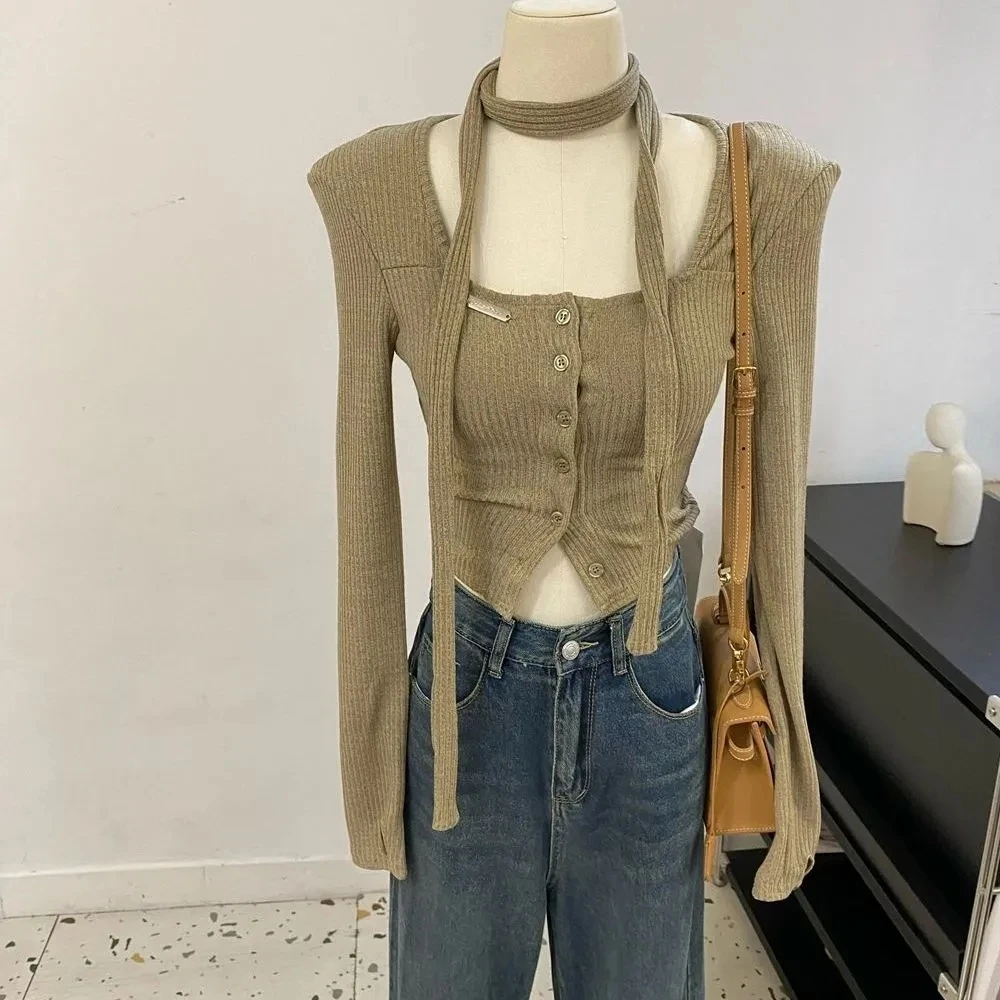 여성용 스퀘어 칼라 쇄골 어깨 패드 스웨터, 슬림 스키니 긴팔 가디건, 가을 스파이스 걸스 짧은 상의, 겨울