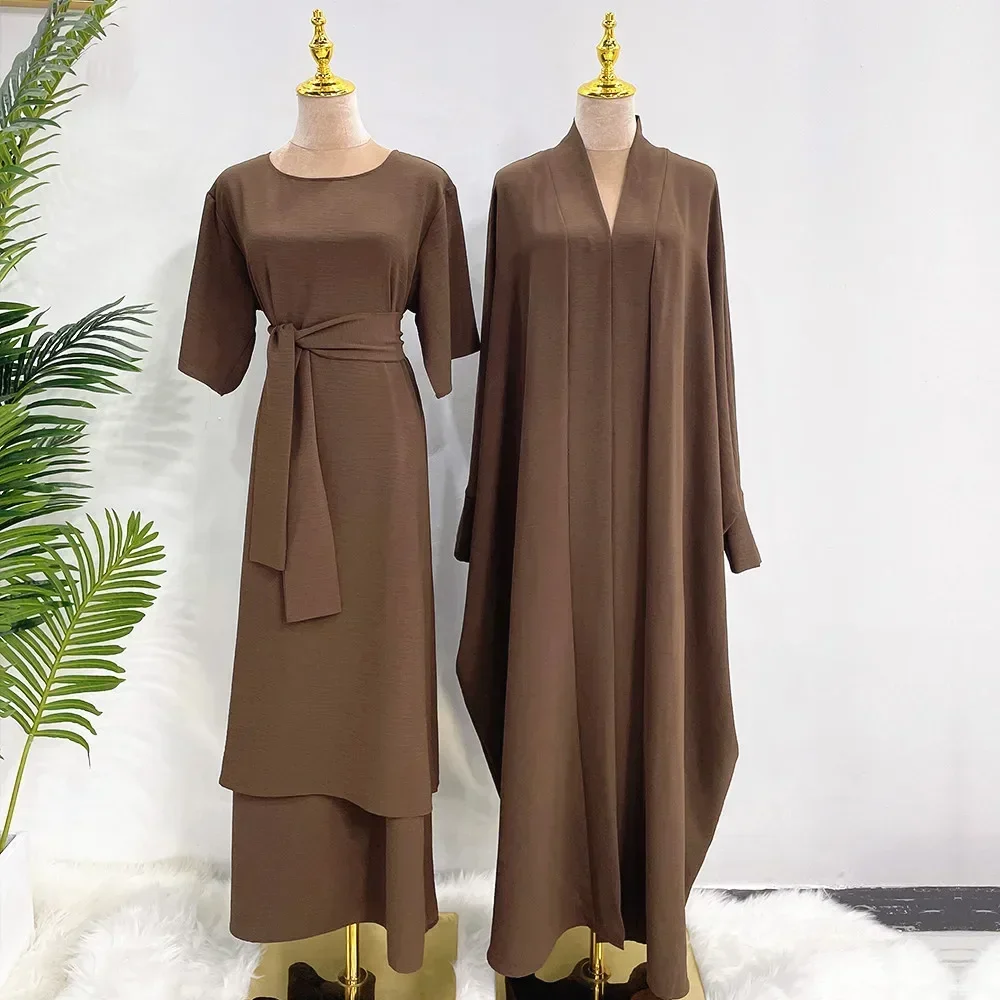 Two Piece Abaya Kimono Set Matching Muslim Abayas for Women Dubai Turkey Short Sleeve Inner Hijab Dress African Islamic Clothing