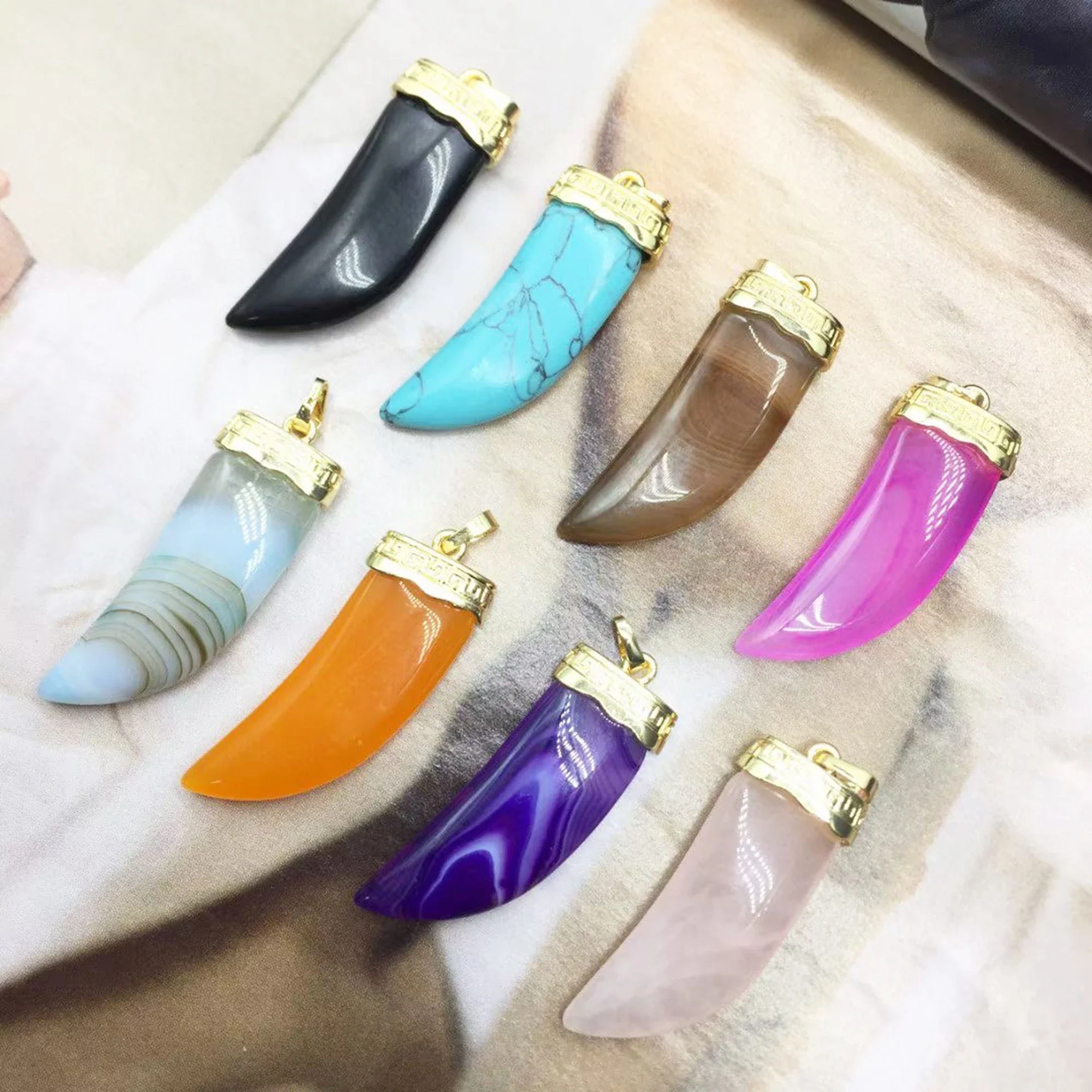 Crystal Pepper Shaped Pendant, Gemstone Horn Charm for DIY Jewelry, Rose Quartz Obsidian Turquoise Lace Agate 3