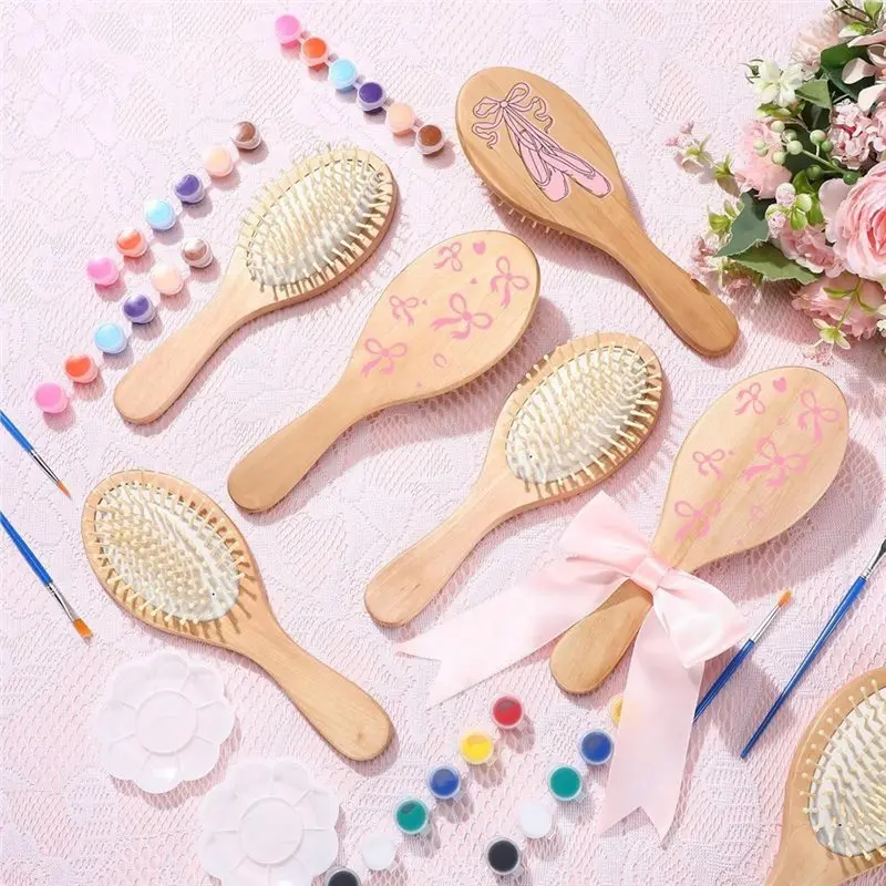 C-Convenient-DIY 나무 헤어 브러쉬 페인팅 키트 6세트 나이트 파티 핸드페인팅 헤어 브러쉬에는 페인트 브러쉬와 팔레트가 포함되어 있습니다.