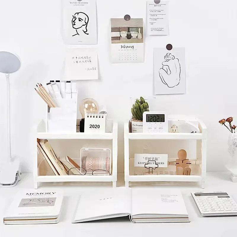 1/2pcs Plastic Storage Rack Desktop Double-layer Office Stationery And Cosmetics Storage Box Kitchen And Bathroom Rack