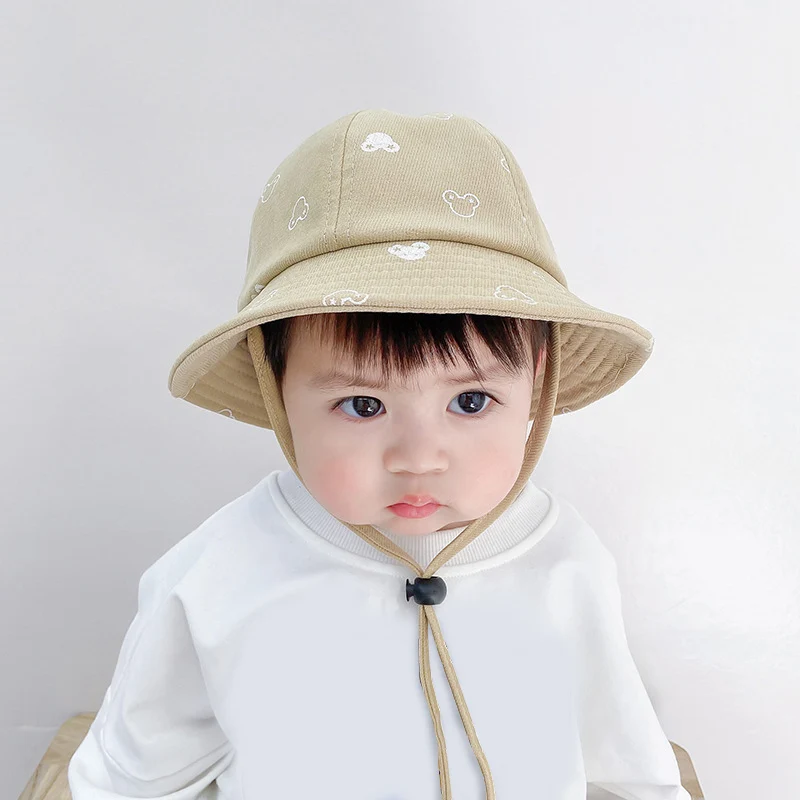 Baby Sunscreen Bucket Hats Cute Cartoon Print Toddler Boy Girl Outdoor UV Protection Fisherman Caps Korean Adjustable Kids Hats