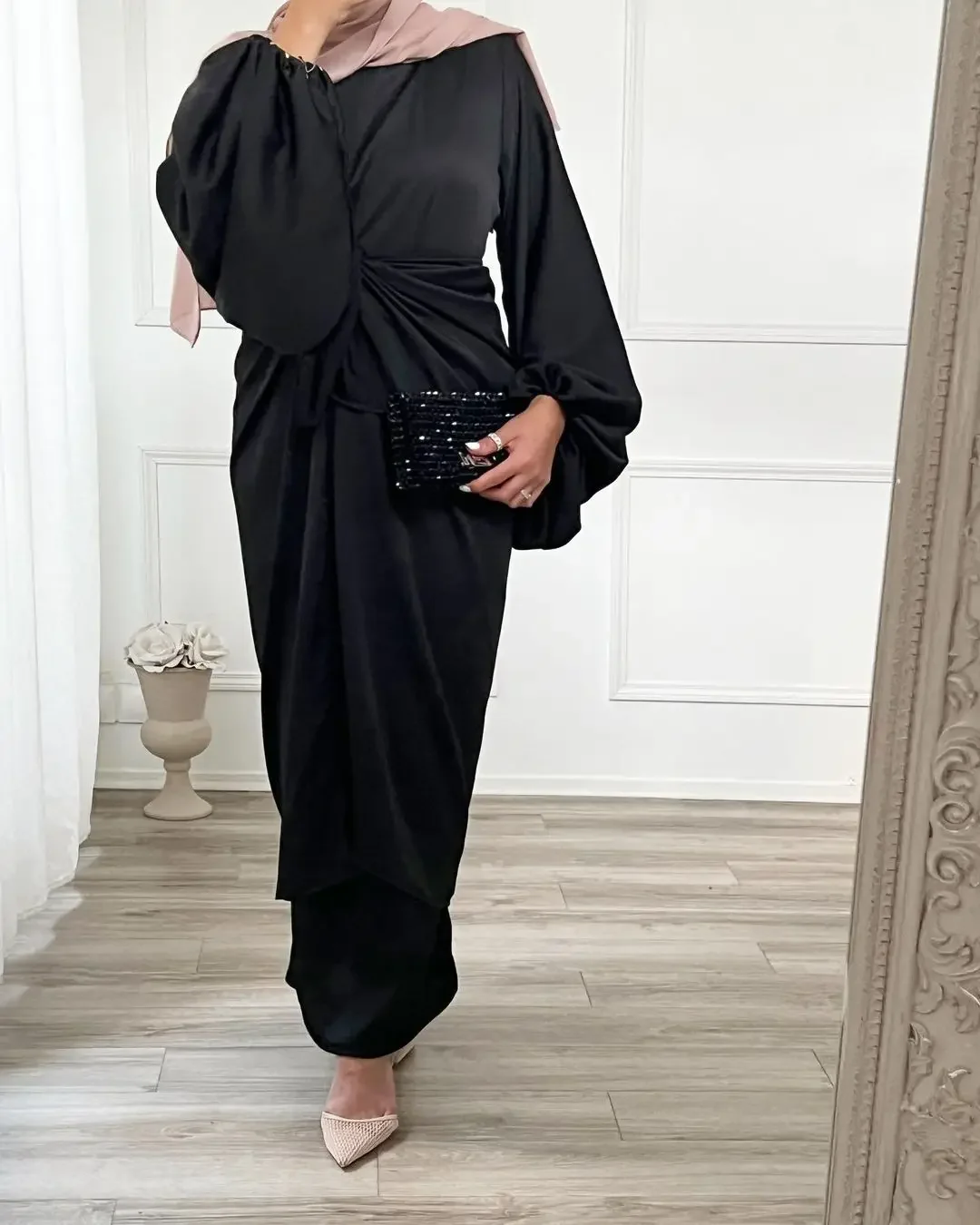 Satin Abaya Under Dress 2 Piece Set Muslim Women Long Inner Robe+Wrap Front Skirt Islamic Clothing Dubai Casual (No Hijab Scarf)