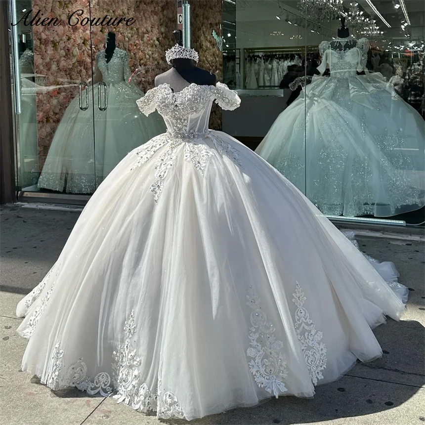 White Quinceanera Dresses Ball Gown Beads Crystals Gems Vestidos De 15 A&ntilde;os Birthday 16th Party Wedding Gown Customized