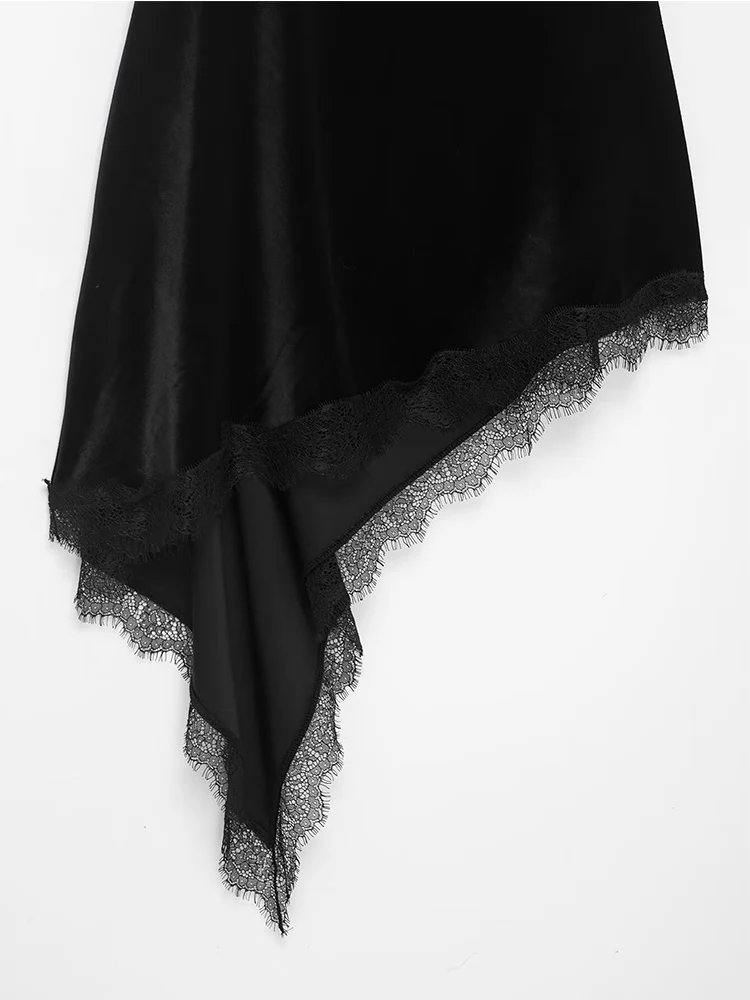 Women's Elegant Sling Dress Chic Lace Trim Spaghetti Strap Asymmetric Hem Party Velvet Dress New Female Fashion Irregular Dress
