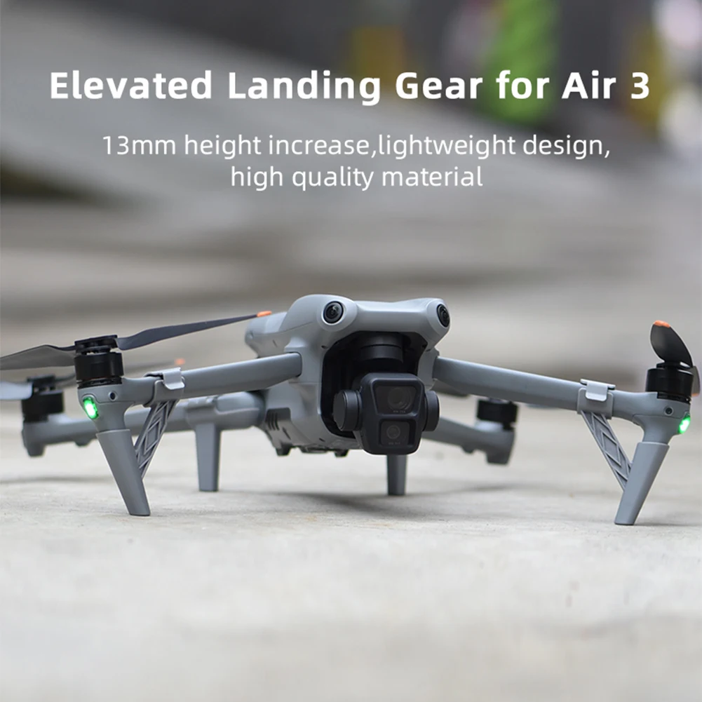 Train d'atterrissage surélevé pour DJI Air 3/Air 3S installé sur le drone, les pieds relevés en vol.