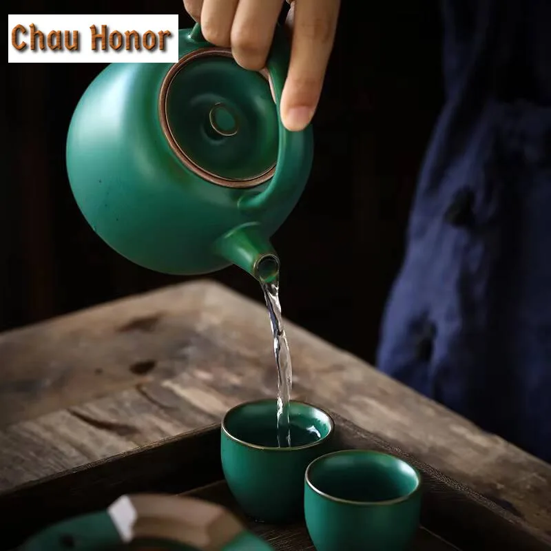 480ml Japanese Style Turquoise Coarse Ceramic Handle Beam Pot Large Household Kung Fu Tea Set Tea Ceremony Tea Making Pot Gift