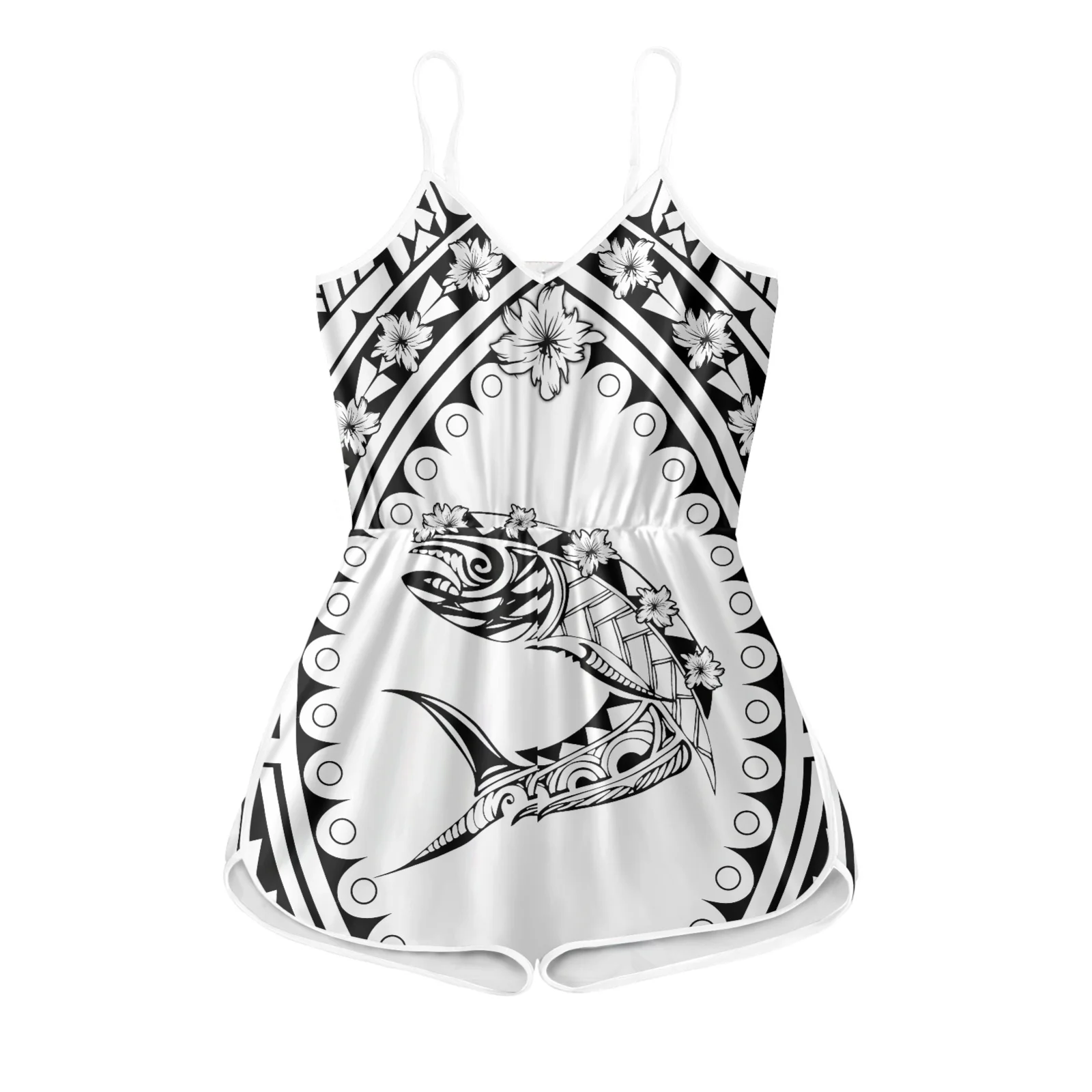 

Polynesian Tribal Hawaiian Totem Tattoo Hawaii Prints Art Vintage V-neck Sleeveless Stylish Seaside Banquet Suspender Jumpsuit