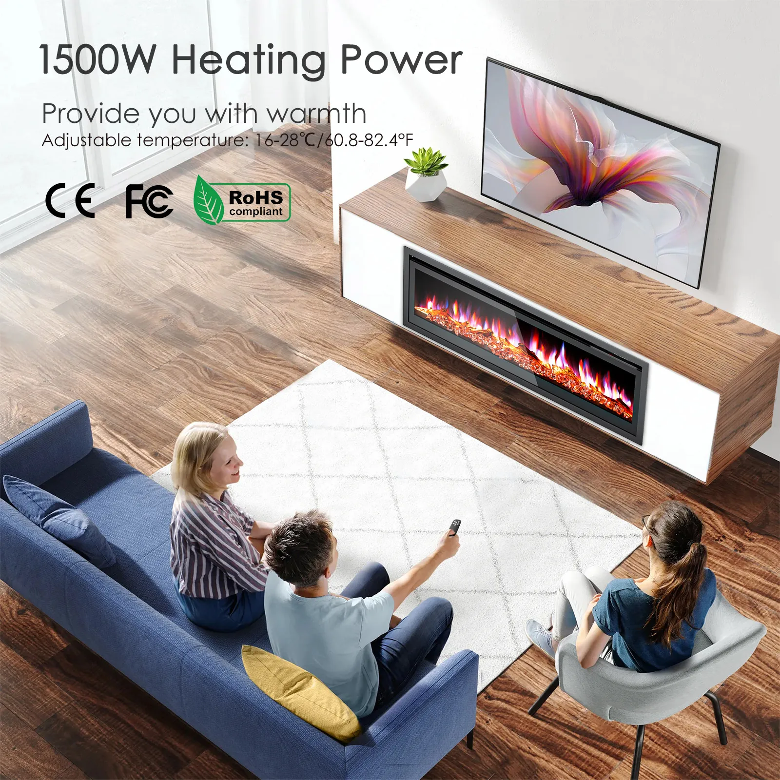 Electric Fireplace Heater Wall Mounted Recessed Fireplace 1500W 8H Timer 12 Color Flame Remote Control 50-60dB Low Noise EU Plug