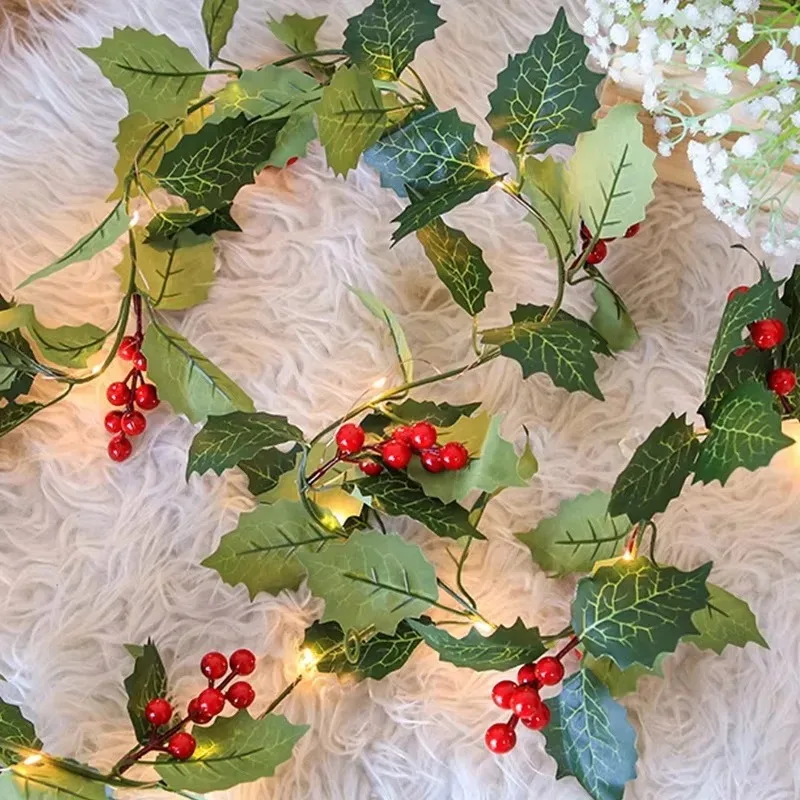 Artificial Plants Christmas Holly Berry Vines Fake Green Leaves Hanging Garlands with Light Strings for Home Party Xmas Decor
