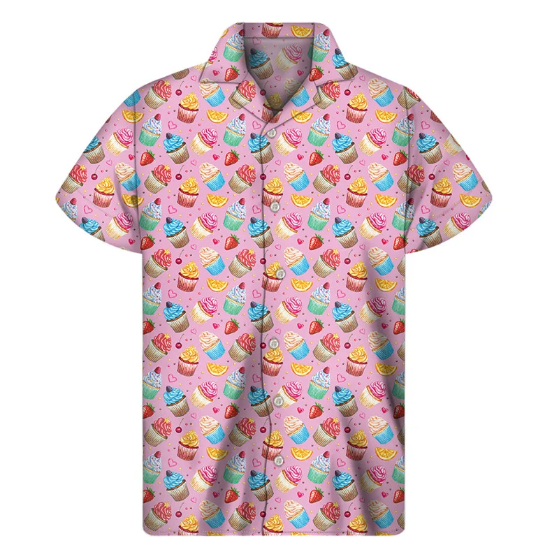 thumbnail image 1 of Camisas hawaianas con estampado 3D de cupcakes de dibujos animados para hombre, camisas con solapa de comida, camisetas holgadas de verano para la calle, blusas de manga corta con botones, 1 of 5