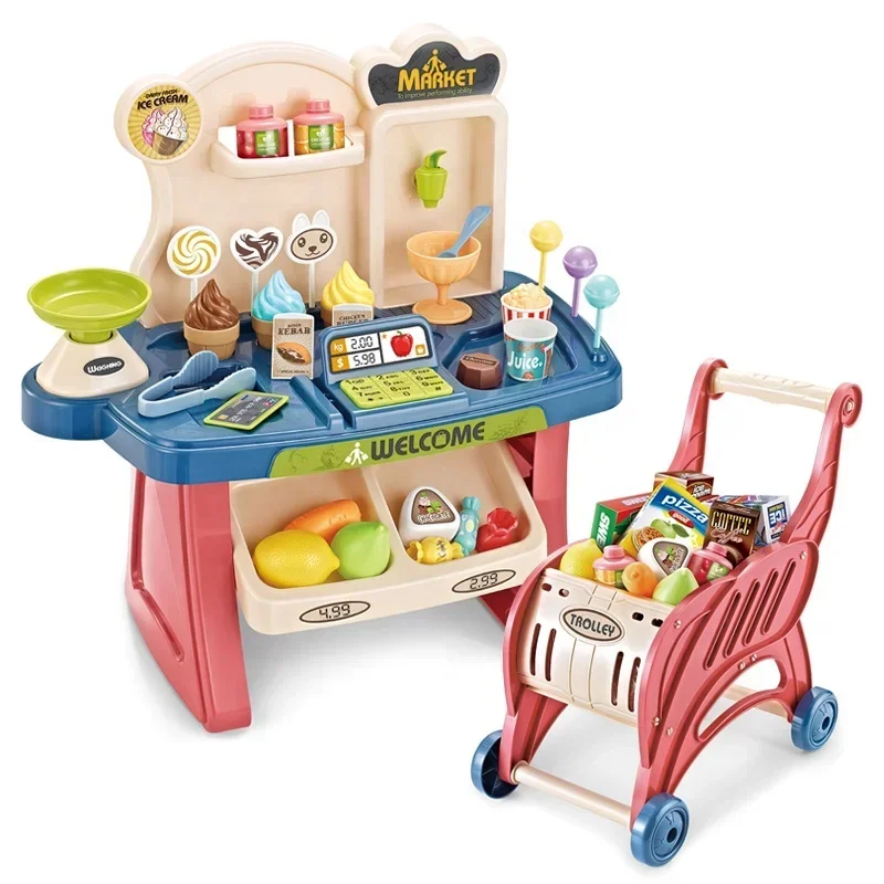 2 in 1 Supermarket Toy Playset for Kids with Trolley 40PCS Pretend Play Grocery Store Early Learning Educational Role Play Toys