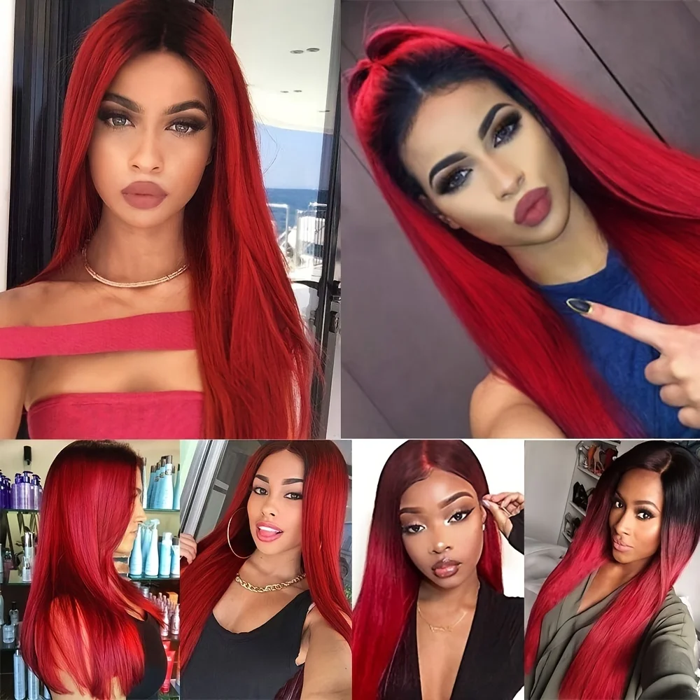 Synthetic Ombre Black To Red Straight Bob Wigs Natural Looking Middle Part Heat Resistant Fiber Wigs For Daily Cosplay Party 3