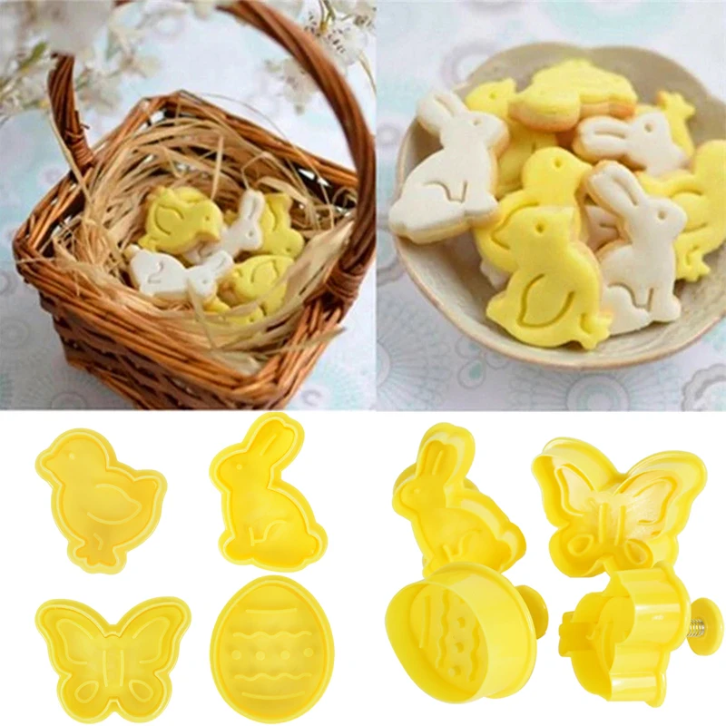 4/5Pcs Easter Bunny Cookies Cutters Mould Rabbit Egg Biscuit Stamp Mold For Spring Easter Party Decoration DIY Baking Bakeware