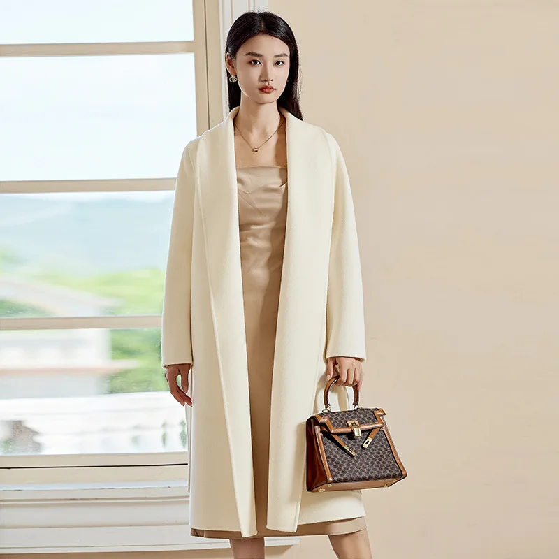 

100% Wool Coat Women Autumn New White Long Wool Coat Female Winter Camel Simple Style Loose Coat Lapel Lacing Casual Commuter