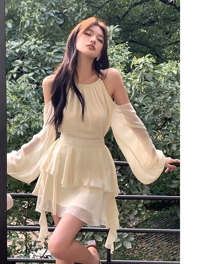 

Elegant New Apricot Chiffon Pleated Off Shoulder Long Sleeve Shirt + Solid Ruffles Mini Skirt Female Fashion Two Pieces Set