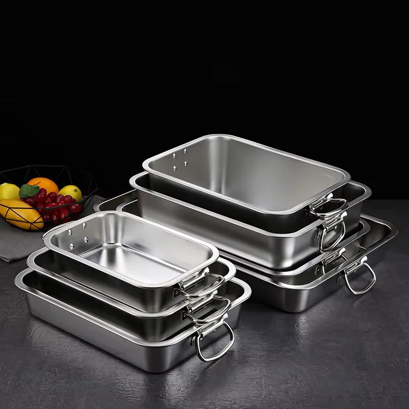 Thicken Stainless Steel Square Basin Deep Plate Fruit Food Storage Tray with Handle Cake Bread Loaf Pans Kitchen Baking Dish 2