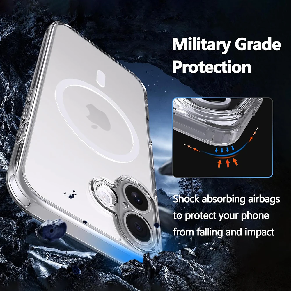 강력한 자석 마그세이프 케이스 아이폰 17 에어 16 16e 15 14 플러스 13 프로 맥스 무선 충전 클리어 하이브리드 하드 커버 케이스