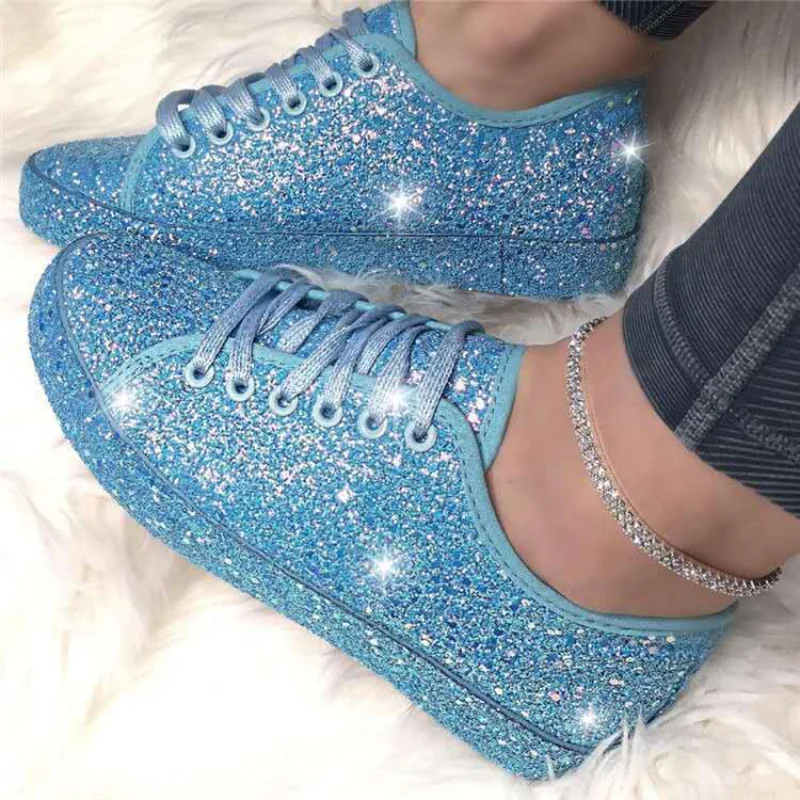 

Autumn New Single Shoe Shiny Crystal Flat Bottom Lace up Casual Comfort Fashion Large Women's Shoes Sequin Shoes